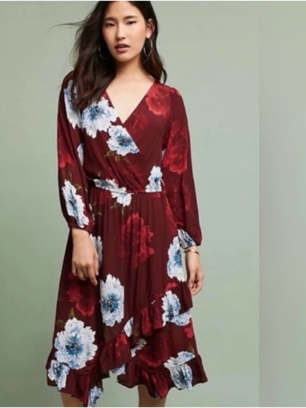 Anthro Plenty by Tracy Reese XL Burgundy Floral Wrap Dress Long Sleeve Midi
